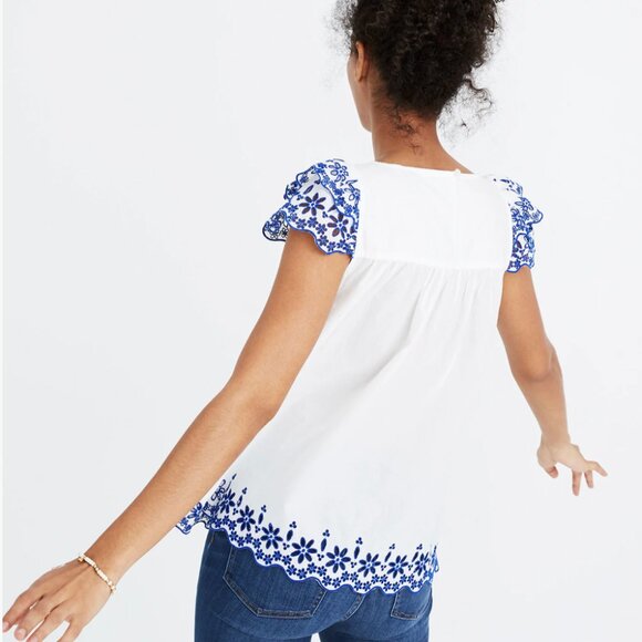 NWT MADEWELL sz 0 White Blue Embroidered Story Peasant Blouse Top retail $88 - Picture 4 of 14